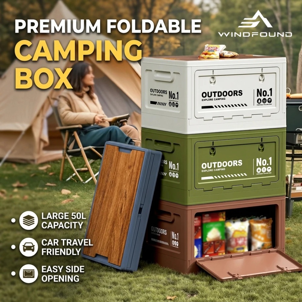 Car Trunk Organizer Foldable Storage Box - Ahşap Kapaklı Katlanabilir Kamp Depolama Kutusu,